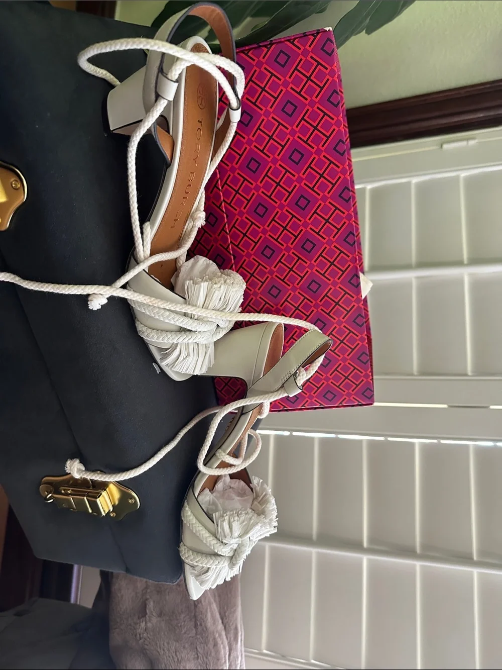 Tory Burch White Raffia Knot Lace-Up Sandals